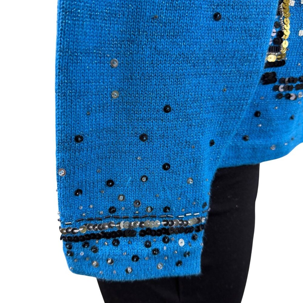 Design Options Womens Blue Button-Up Sequin Cardigan Skyline Embellished Sz L - Picture 8 of 10